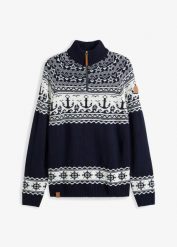 Sweter w norweski wzór ze stójką z zamkiem. Niebieskie swetry męskie bonprix, m, bez wzorów, bez kołnierzyka. Za 112.99 zł.