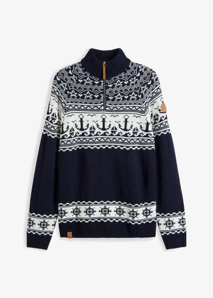 Sweter w norweski wzór ze stójką z zamkiem. Niebieskie swetry męskie bonprix, m, bez wzorów, bez kołnierzyka. Za 112.99 zł.