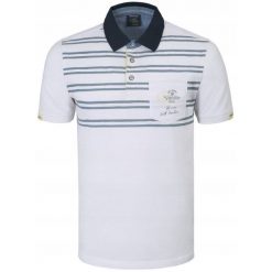 Koszulka Polo - Męska - Pako Jeans - Biała, Paski i Nadruk. Białe koszulki polo męskie Pako Jeans, l, bez wzorów, z bawełny, bez ramiączek. Za 129.00 zł.