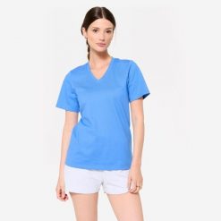 Koszulka z krótkim rękawem damska Domyos Gym & Pilates. Niebieskie bluzki damskie NYAMBA, xs, bez wzorów, z bawełny, bez ramiączek. Za 39.99 zł.