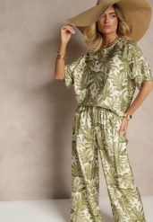 Ciemnozielony Komplet z Wiskozy Zdobiony Roślinnym Printem T-shirt i Szerokie Spodnie Evialena. Zielone spodnie materiałowe damskie Renee, z aplikacjami, z wiskozy, eleganckie. Za 74.99 zł.