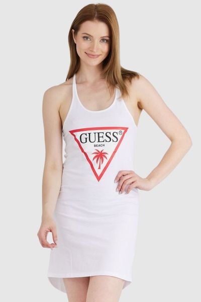 GUESS Biała sukienka damska na ramiączka z trójkątnym logo, Rozmiar S. Białe sukienki damskie Guess, s, z aplikacjami, bez kołnierzyka, bez ramiączek. W wyprzedaży za 114.99 zł.
