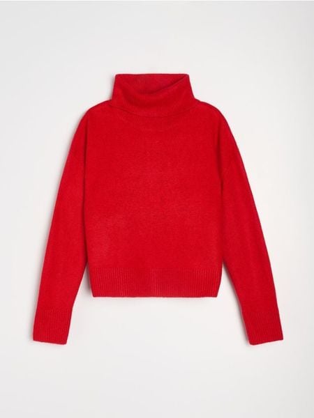 Gładki golf basic - czerwony. Czerwone golfy damskie Sinsay, l, bez wzorów, bez ramiączek. W wyprzedaży za 39.99 zł.