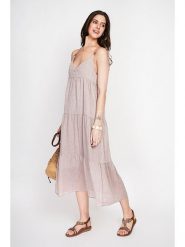 ASSUILI Lniana sukienka w kolorze beżowym rozmiar: 40. Brązowe sukienki damskie Assuili, bez wzorów, ze lnu, bez kołnierzyka, bez ramiączek, maxi, rozkloszowane. Za 130.99 zł.