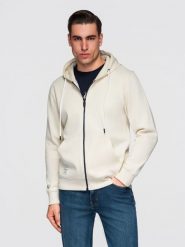 Męska bawełniana bluza dresowa BASIC rozpinana z kapturem - kremowa V11. Białe bluzy z kapturem męskie Ombre Clothing, m, z bawełny. W wyprzedaży za 118.99 zł.