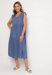 Niebieska Bawełniana Sukienka Ozdobiona Falbankami Aveliova. Niebieskie sukienki damskie Born2be, na co dzień, l, bez wzorów, z bawełny, eleganckie, bez kołnierzyka, bez ramiączek, midi, proste. W wyprzedaży za 47.99 zł.
