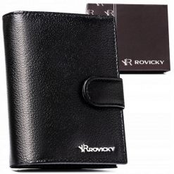 Portfel skórzany Rovicky R-N4L-PDM czarny. Czarne portfele męskie ROVICKY, bez wzorów, ze skóry. Za 54.99 zł.