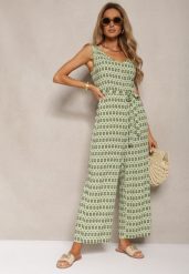 Zielony Taliowany Kombinezon z Wiskozy na Ramiączkach Wiązany w Talii Seadia. Zielone kombinezony damskie Renee, l, bez wzorów, z materiału, eleganckie, bez kołnierzyka, bez ramiączek. Za 69.99 zł.