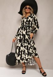 Beżowo-Czarna Koszulowa Sukienka Maxi w Geometryczny Wzór Qerida. Czarne sukienki damskie Renee, na co dzień, l, bez wzorów, bez kołnierzyka, bez ramiączek, maxi, koszulowe. Za 99.99 zł.