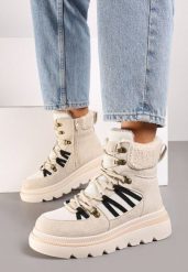 Beżowe Traperki na Grubej Podeszwie Ozdobione Futerkiem Linthira. Brązowe trapery damskie Born2be, z futra, bez obcasa. Za 99.99 zł.