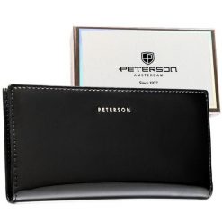 Duży portfel damski ze skóry ekologicznej w czarnym kolorze zamykany suwakiem i zatrzaskiem PTN 004-PU8 Peterson. Czarne portfele damskie Peterson, bez wzorów, ze skóry ekologicznej. Za 75.99 zł.