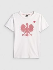 4F Koszulka kibica damska - biała XXL. Białe bluzki sportowe damskie 4f, l, z bawełny, bez kołnierzyka, bez ramiączek. Za 79.99 zł.