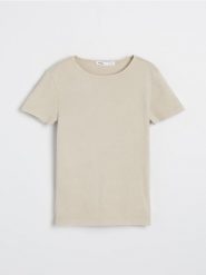 Koszulka basic w prążki - kremowy. Białe t-shirty damskie Sinsay, l, bez wzorów, bez kołnierzyka. W wyprzedaży za 15.99 zł.
