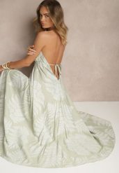 Zielona Rozkloszowana Sukienka z Wiskozy Wiązana z Tyłu Izira. Zielone sukienki damskie Renee, na lato, m, bez wzorów, z wiskozy, bez kołnierzyka, bez ramiączek, maxi, rozkloszowane. Za 99.99 zł.