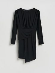 Asymetryczna sukienka - czarny. Czarne sukienki damskie Reserved, l, bez wzorów, z dzianiny, z asymetrycznym kołnierzem, bez ramiączek, asymetryczne. Za 129.99 zł.