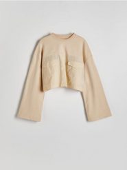 Krótka bluza z łączonych materiałów - beżowy. Brązowe bluzy bez kaptura damskie Reserved, l, z bawełny. W wyprzedaży za 29.99 zł.