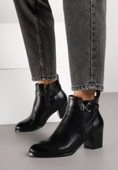 Czarne Botki na Słupku z Metaliczną Aplikacją przy Cholewce Tulianis. Czarne botki damskie Born2be, z jeansu, eleganckie, bez obcasa, na obcasie, bez zapięcia. Za 179.99 zł.