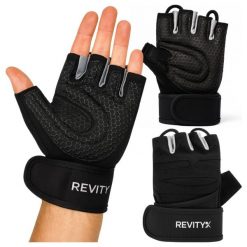 Rękawiczki treningowe na siłownię z usztywniaczem nadgarstka i pętlami 2 w 1. Czarne rękawiczki damskie REVITY, bez wzorów, z poliesteru. Za 69.99 zł.