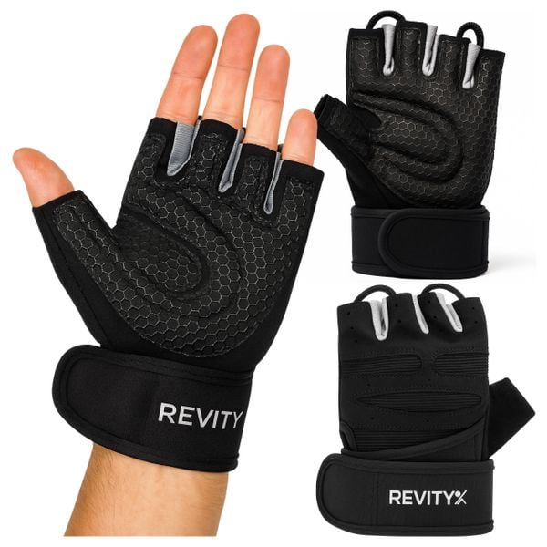 Rękawiczki treningowe na siłownię z usztywniaczem nadgarstka i pętlami 2 w 1. Czarne rękawiczki damskie REVITY, bez wzorów, z poliesteru. Za 69.99 zł.