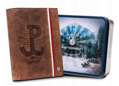 Skórzany portfel patriotyczny Peterson [DH] PTN 333PW brązowy. Brązowe portfele męskie Peterson, bez wzorów, z nubiku. Za 100.99 zł.