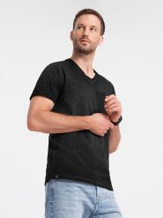 Męski t-shirt V-neck o pręgowanej strukturze z kieszonką – czarny V6 OM-TSCT-22SS-002 - XL. Czarne t-shirty męskie Ombre Clothing, l, bez wzorów, z bawełny, bez kołnierzyka. W wyprzedaży za 29.99 zł.