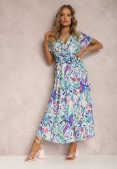 Niebieska Sukienka Damon. Niebieskie sukienki damskie Renee, l, bez wzorów, z materiału, bez kołnierzyka, bez ramiączek, maxi, kopertowe. W wyprzedaży za 125.99 zł.