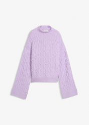 Sweter ze wzorem w warkocze. Fioletowe swetry klasyczne damskie bonprix, bez kołnierzyka. Za 124.99 zł.