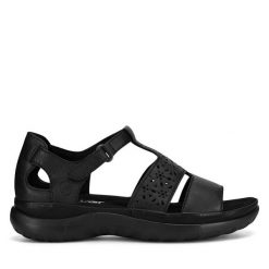 Sandały Rieker. Czarne sandały damskie Rieker, bez wzorów, bez obcasa, na płaskiej podeszwie. Za 349.99 zł.