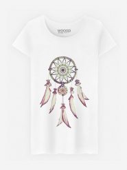 WOOOP Koszulka "Dreamcatcher" w kolorze białym rozmiar: S. Białe bluzki damskie Wooop, s, bez wzorów, z bawełny, bez kołnierzyka, bez ramiączek. Za 47.94 zł.