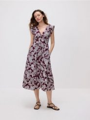 Wzorzysta sukienka midi - bordowy. Czerwone sukienki damskie Reserved, l, bez wzorów, z bawełny, bez kołnierzyka, bez ramiączek, midi, rozkloszowane. Za 149.99 zł.