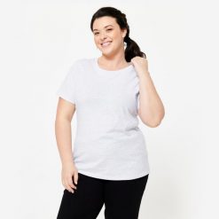 Koszulka z krótkim rękawem damska Domyos Gym & Pilates 500 Essentials. Szare bluzki damskie DOMYOS, xs, bez wzorów, z bawełny, bez ramiączek. Za 39.99 zł.