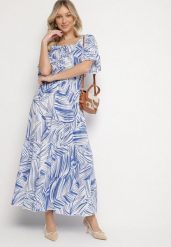 Niebieska Bawełniana Sukienka Rozkloszowana w Liście Alaniva. Niebieskie sukienki damskie Born2be, na co dzień, na lato, l, bez wzorów, z bawełny, eleganckie, bez kołnierzyka, bez ramiączek, maxi, rozkloszowane. W wyprzedaży za 51.99 zł.