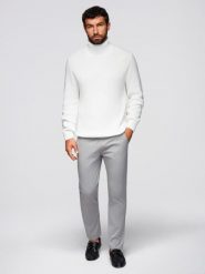 Spodnie męskie chino z ozdobną taśmą w pasie SLIM FIT – szare V6 - Rozmiar: M. Szare spodnie materiałowe męskie Ombre Clothing, bez wzorów, z bawełny, casualowe. Za 279.99 zł.