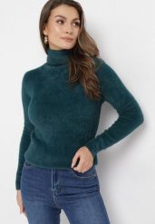 Ciemnozielony Elastyczny Golf z Puszystej Tkaniny z Wełną Doulcet. Zielone golfy damskie Born2be, l, bez wzorów, z materiału, bez ramiączek. Za 44.99 zł.