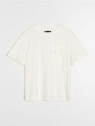 Bawełniana koszulka z aplikacjami 3D - kremowy. Białe t-shirty damskie Sinsay, l, z aplikacjami, z bawełny, bez kołnierzyka. Za 19.99 zł.