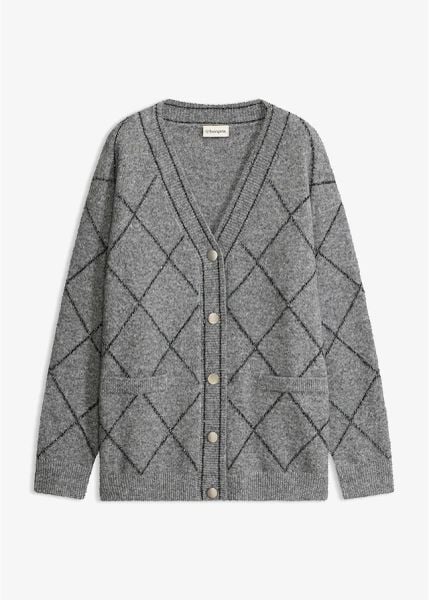 Długi sweter rozpinany, z połyskiem. Szare kardigany damskie bonprix, bez wzorów. Za 169.99 zł.