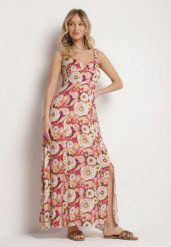 Czerwona Rozkloszowana Sukienka z Wiskozy w Kwiatowym Wzór Redeelle. Czerwone sukienki damskie Born2be, na co dzień, l, bez wzorów, z wiskozy, eleganckie, bez kołnierzyka, bez ramiączek, maxi, rozkloszowane. W wyprzedaży za 79.99 zł.