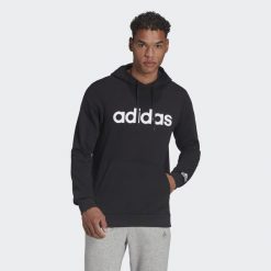 Adidas Essentials Linear Logo Hoodie, męska bluza. Białe bluzy bez kaptura męskie Adidas, bez wzorów, z bawełny, sportowe, bez kołnierzyka, bez ramiączek. Za 159.00 zł.