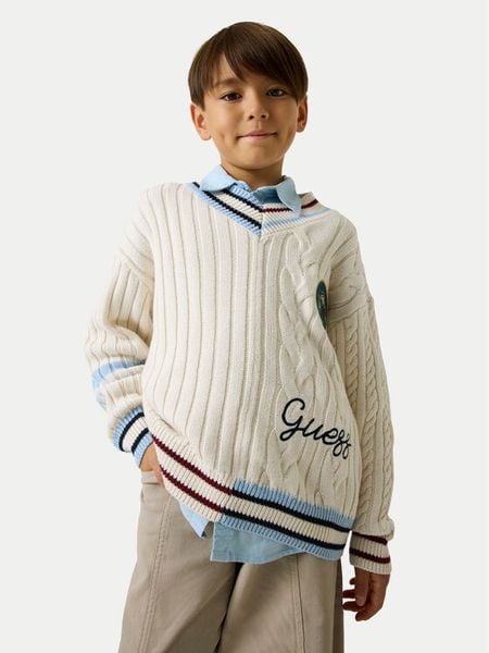 Guess Sweter L6YR14 Z0892 Kremowy Regular Fit. Białe swetry chłopięce Guess, z aplikacjami, z bawełny, bez kołnierzyka. Za 264.99 zł.