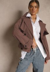 Jasnobrązowy Dwurzędowa Kurtka w Stylu Trencza o Krótkim Kroju z Paskiem Stellis. Brązowe kurtki damskie Renee, m, bez wzorów, z materiału, bez kaptura. Za 249.99 zł.