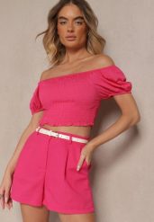 Różowe Szorty z Bawełną High Waist w Klasycznym Stylu Sefore. Czerwone szorty damskie Renee, bez wzorów, z bawełny, klasyczne, z podwyższonym stanem. Za 49.99 zł.