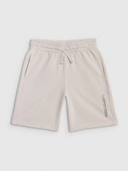 4F Spodenki dresowe chłopięce - szare 122 (6-7 lat). Szare szorty męskie 4f, z bawełny, bez kołnierzyka. W wyprzedaży za 49.99 zł.