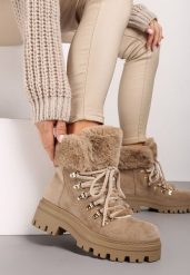 Ciemnobeżowe Traperki z Futerkiem na Grubej Podeszwie Tairene. Brązowe trapery damskie Renee, z jeansu, bez obcasa. Za 129.99 zł.