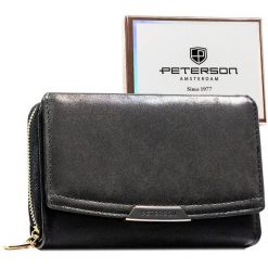 Czarny portfel damski ze skóry ekologicznej zamykany na zatrzask i suwak - Peterson. Czarne portfele damskie Peterson, bez wzorów, ze skóry ekologicznej. Za 94.99 zł.