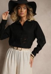 Czarna Koszula Oversize z Lnem Zdobiona Ażurowymi Wstawkami Dannivra. Czarne koszule damskie Renee, l, z aplikacjami, biznesowe, bez kołnierzyka, bez ramiączek. Za 89.99 zł.