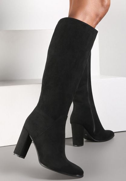 Czarne Kozaki na Słupku Hrarpi. Czarne kozaki damskie Renee, ze skóry, przed kolano, bez obcasa, na obcasie. Za 169.99 zł.