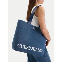 Torebka Guess Jeans. Niebieskie torebki klasyczne damskie Guess Jeans, z aplikacjami, z jeansu, bez dodatków. Za 249.99 zł.