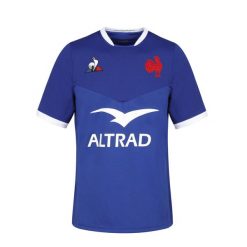 Koszulka replika stroju Francuskiej Reprezentacji Rugby XV de France 2020 - 2021. Bluzki damskie Le Coq Sportif, xl, bez wzorów, z bawełny, sportowe, bez kołnierzyka, bez ramiączek. W wyprzedaży za 299.99 zł.