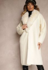 Jasnobeżowy Płaszcz z Dzianiny z Wełną Zdobiony Odpinanym Futrem Veliti. Brązowe płaszcze damskie Renee, l, z aplikacjami, z dzianiny, eleganckie. Za 279.99 zł.