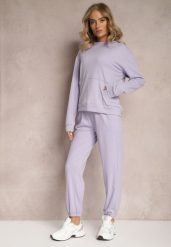 Jasnofioletowy Dzianinowy Komplet Dresowy z Bluzą i Spodniami Amlore. Fioletowe bluzy z kapturem damskie Renee, l, z dresówki. Za 74.99 zł.